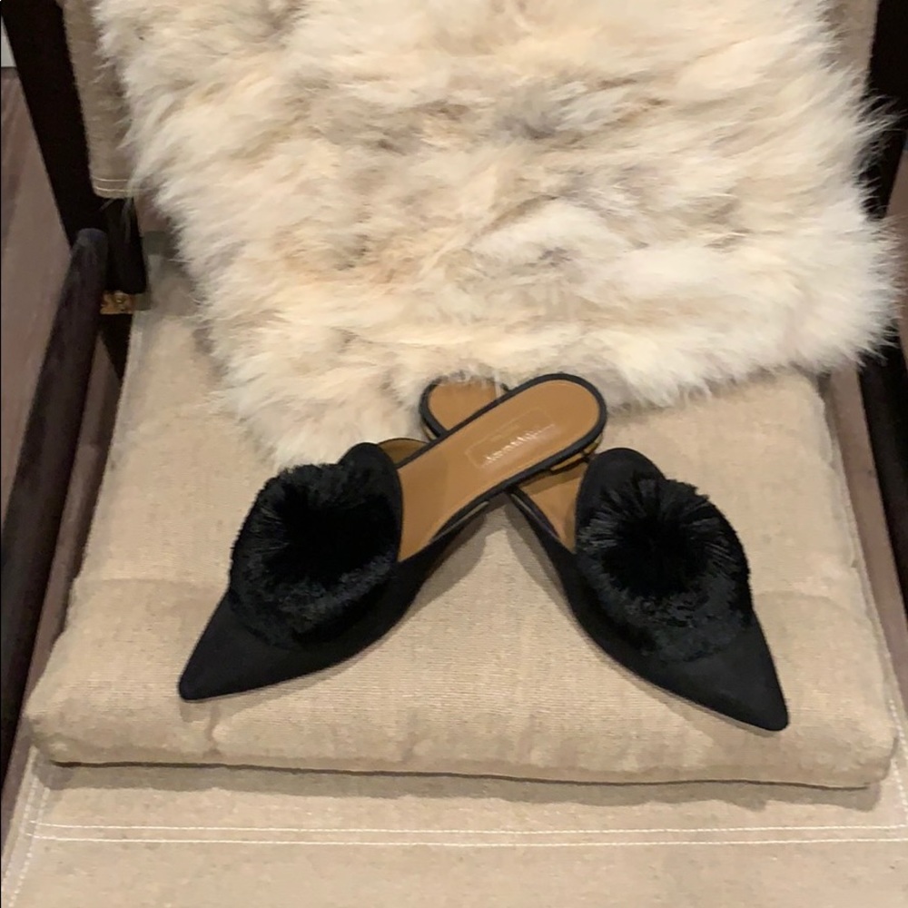 Aquazzura black pom Pom slides